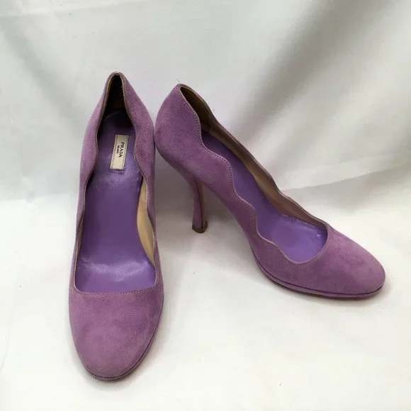 Prada Womens High Heels 38 Lavendar Suede Scalloped Edge Platform Leather Pumps - Picture 10 of 11